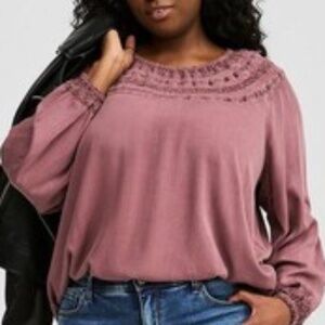 Rayon Twill Crochet Yoke Blouson Sleeve Top